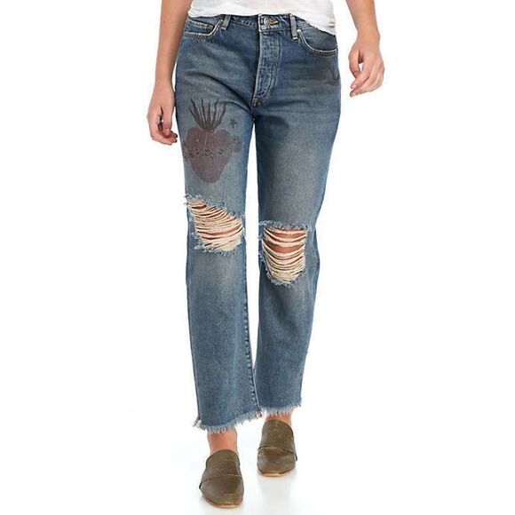 Free People Denim - Free People Jeans Sz 26 Boyfriend Blue Tattooed Heart Distressed Crop Denim NWT